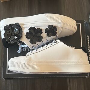 Karl Lagerfeld White Leather Platform Sneakers with Black Floral Embellishments
